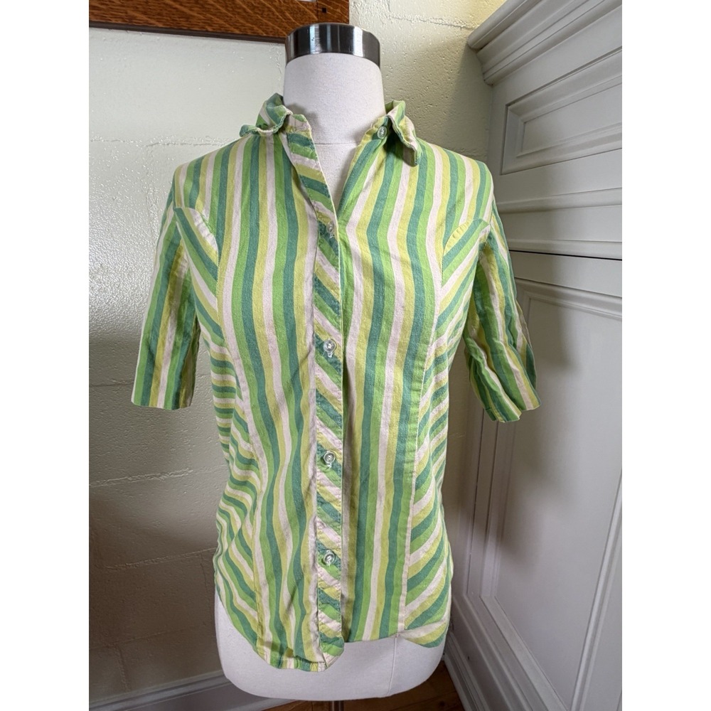 Vintage Lady Margaret Striped Blouse Green White Short Sleeve Button Front USA M